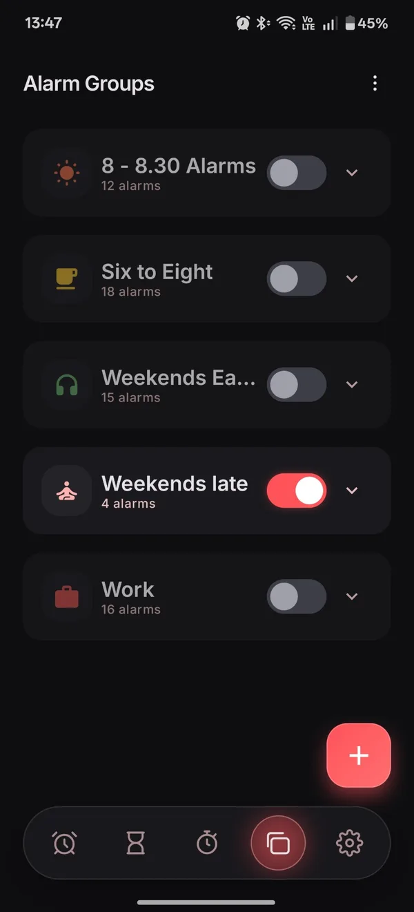 Alarmzy alarm groups with master switches